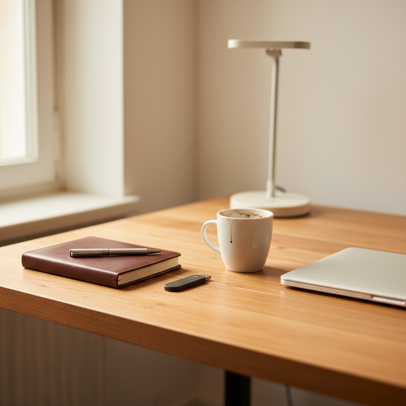 Holzschreibtisch mit geschlossenem Notizbuch, Hardware-Security-Key, Kaffeetasse und Laptop &mdash; ruhige Szene, die sorgfältige Konto-Sicherheit vermittelt