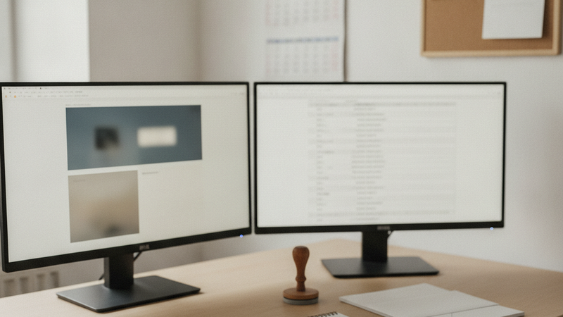 Arbeitsplatz mit zwei Monitoren, links ein einfaches Seitenlayout, rechts eine Adressliste, davor Umschläge und ein Stempel