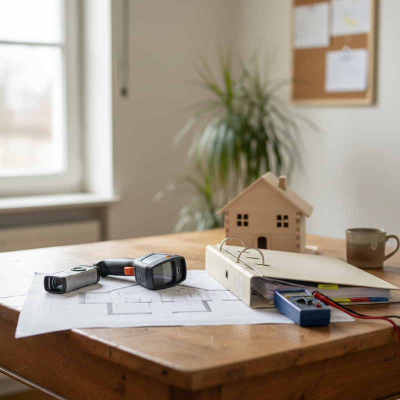 Energieberater-Büro mit Bauplan, Wärmebildkamera, Messgeräten, Einfamilienhaus-Modell und warmer Arbeitsplatz-Beleuchtung