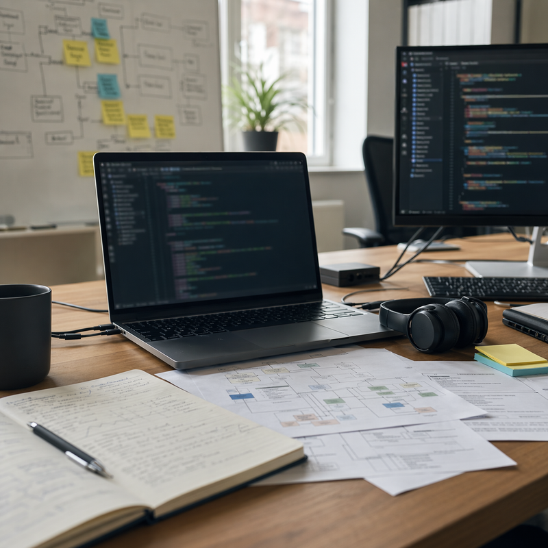 Seriöses Entwickler-Onboarding in echter Büro- und Teamumgebung mit Code-Unterlagen und Projektstruktur.