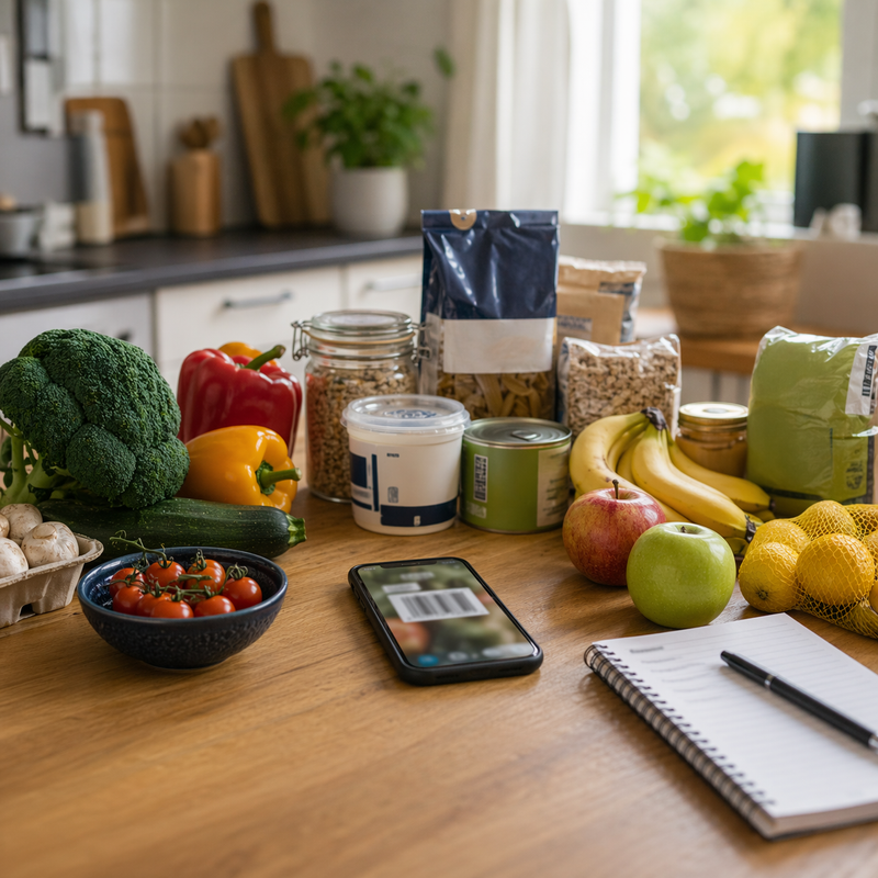 Ernährungsberatung im realen Küchen- und Einkaufsumfeld mit Produkten, Zutaten und seriöser Analyse-Atmosphäre.
