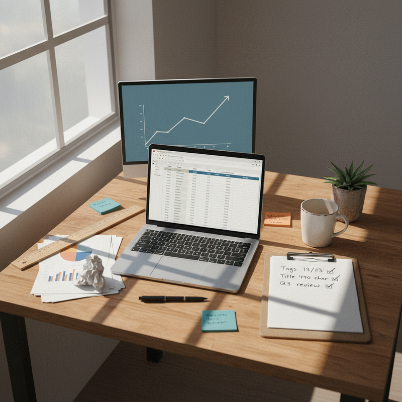 Etsy-Optimierung &ndash; Werkstatt-Schreibtisch mit Etsy-Shop-Dashboard, Listing-Spreadsheet und Analytics-Charts auf zwei Monitoren