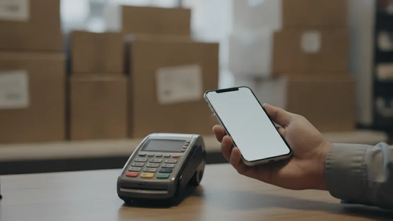 Hand hält ein Smartphone an ein Kartenterminal an einer Pakettheke, im Hintergrund Kartons
