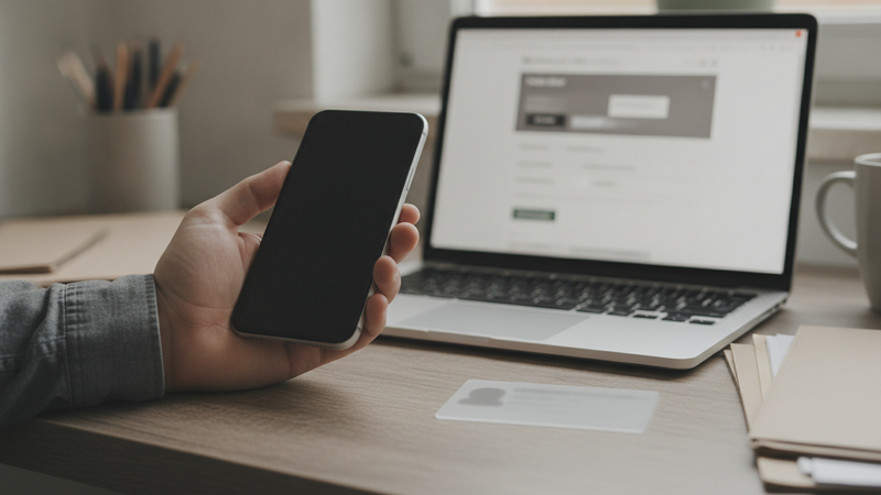 Hand mit Smartphone über einem Schreibtisch, daneben eine Ausweiskarte und ein Laptop mit unscharfer Bestellseite eines Online-Shops