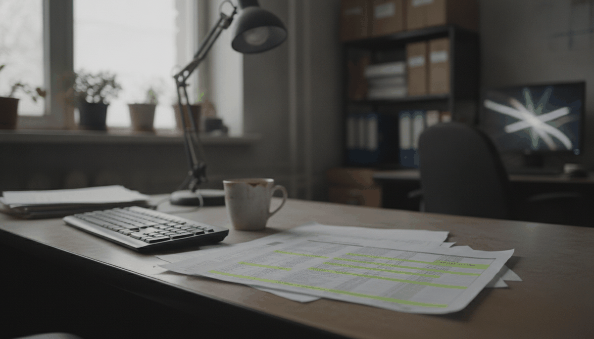 Bürotisch mit ausgedruckten Tabellen und Textmarkern