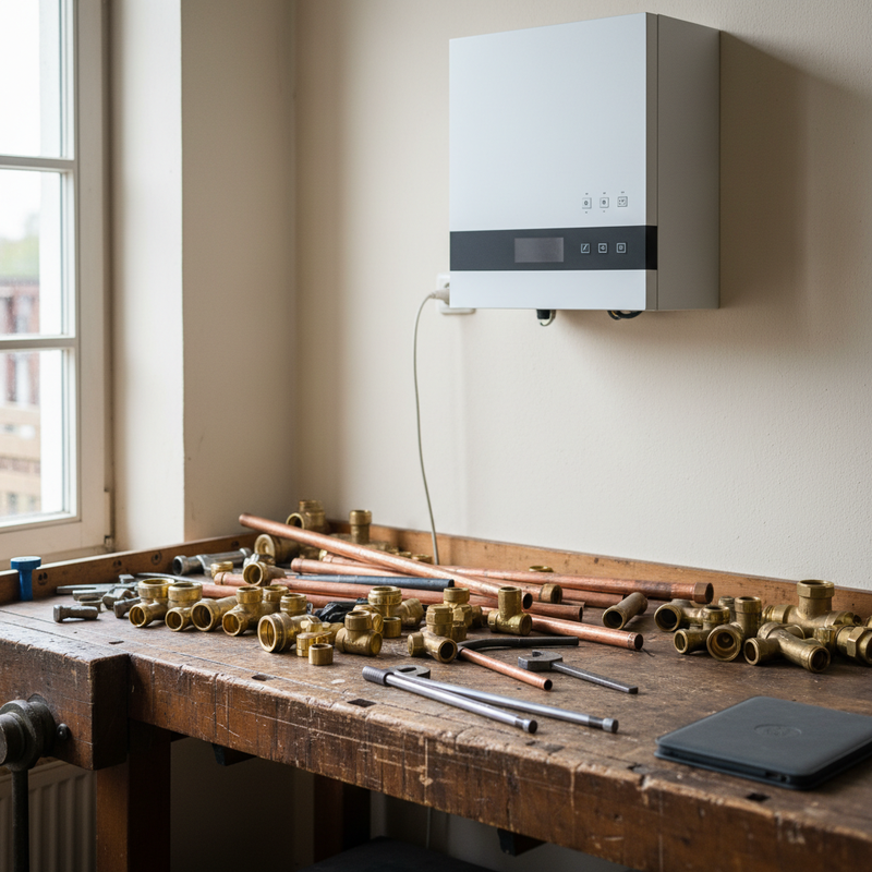 Isometrische Illustration einer W&auml;rmepumpe, Heizungsrohren und Chat-Blase