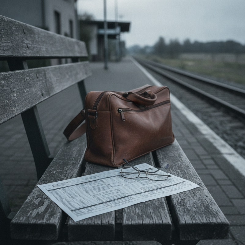 Ausgedruckter Fahrplan auf einer Bahnhofsbank neben Lesebrille und Reisetasche