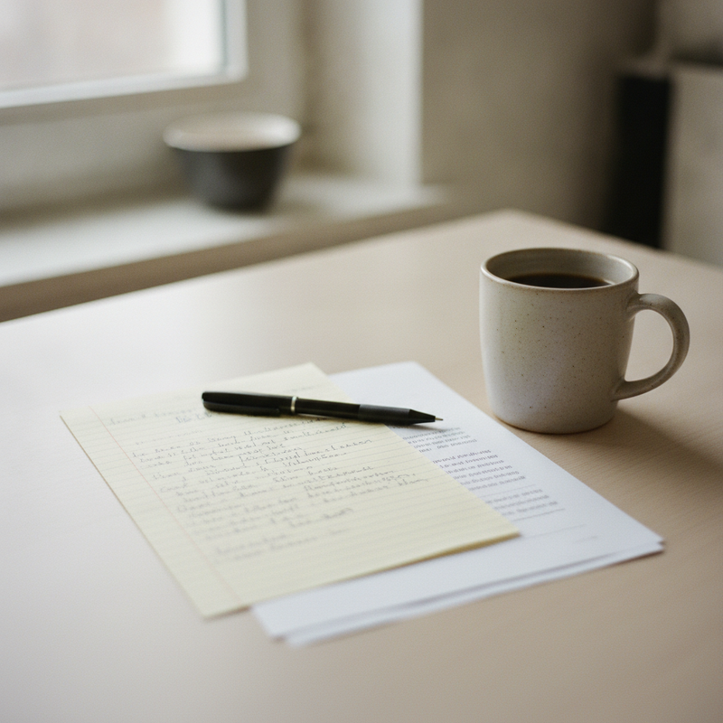 Handschriftlicher Reisezettel neben einem ausgedruckten Fahrplan und einer Tasse Kaffee auf einem Küchentisch