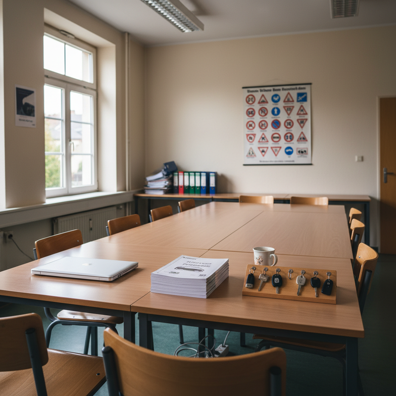 Fahrschule-Theorieraum mit Tafel, Übungspanel, Schlüsseln für Fahrzeuge und aufgeräumten Ausbildungsordnern