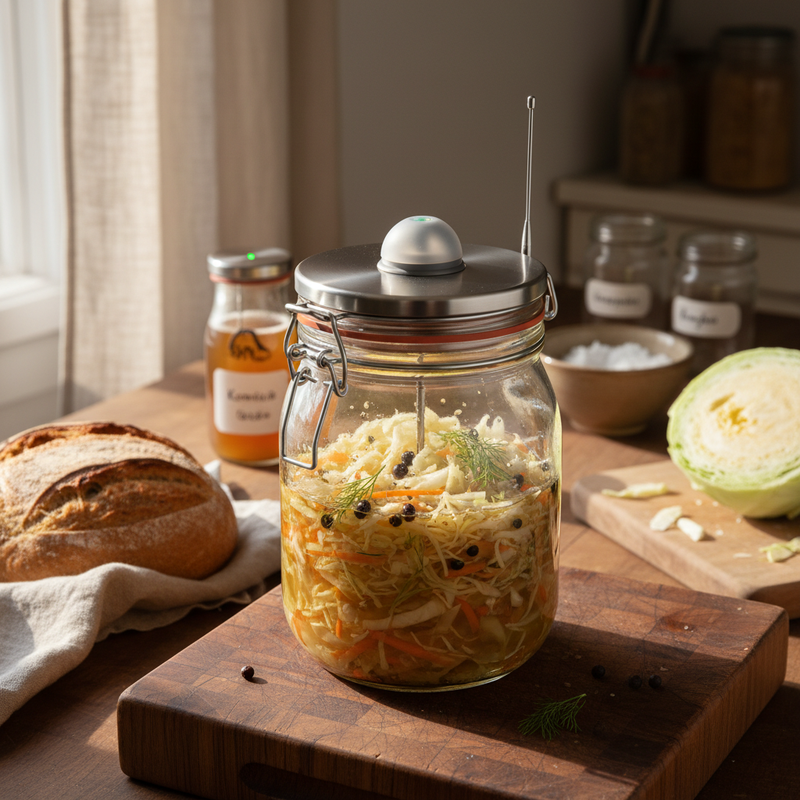 B&uuml;gelglas mit geschlossenem Smart-Lid in einer deutschen K&uuml;chenwerkstatt: Sauerkraut mit Karotten und Wacholderbeeren fermentiert anaerob, kleiner Edelstahl-Deckel mit Airlock-Dome und kurzer Antenne, Sauerteig-Brot und halber Wei&szlig;kohl im Hintergrund
