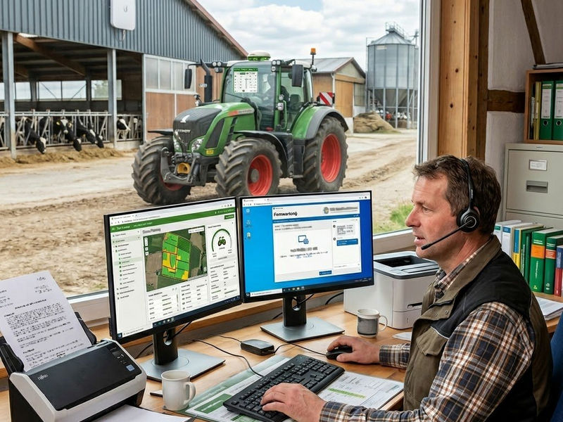 Landwirt im Agrarb&uuml;ro mit zwei Bildschirmen und Fernwartung &ndash; IT-Support f&uuml;r die Landwirtschaft