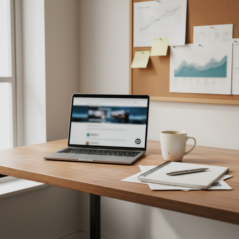 Isometrische Illustration eines Laptop-Chat-Widgets mit schwebenden UI-Elementen, symbolisiert FINN