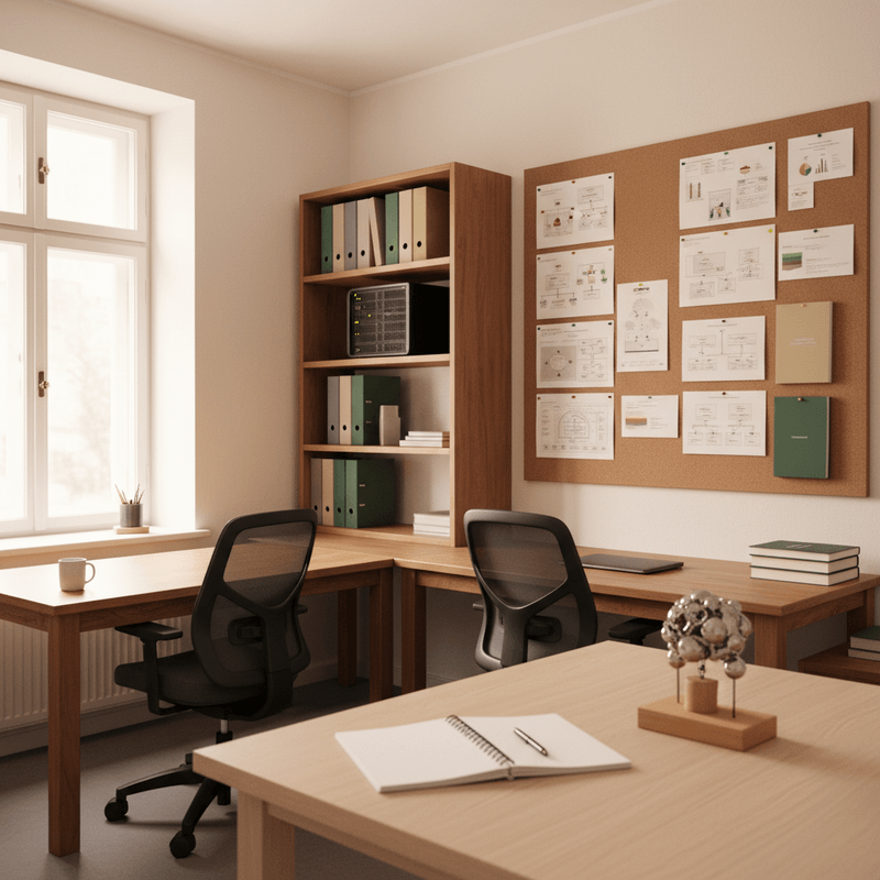 Dokumentarisches Bürofoto mit mehreren Arbeitsplätzen, zentralem Wissensboard und einem ruhigen Technik-Setup für eine interne Firmen-KI