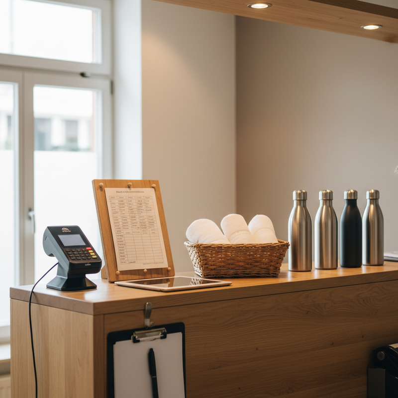 Fitnessstudio-Empfang mit Chipkarten-Lese-Terminal, Kursplan-Board, Aktionstafel und aufgeräumten Trinkflaschen