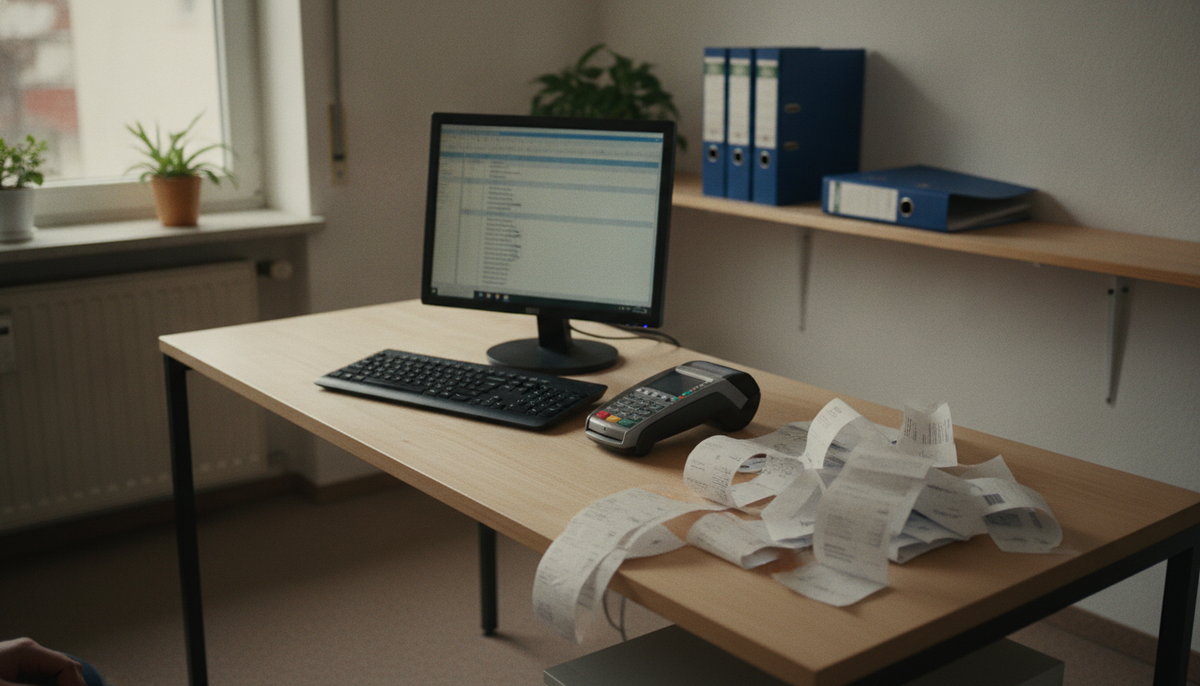 Schreibtisch mit Monitor ohne lesbaren Inhalt, Kartenterminal, Kassenbelegen und Ordnern im Regal