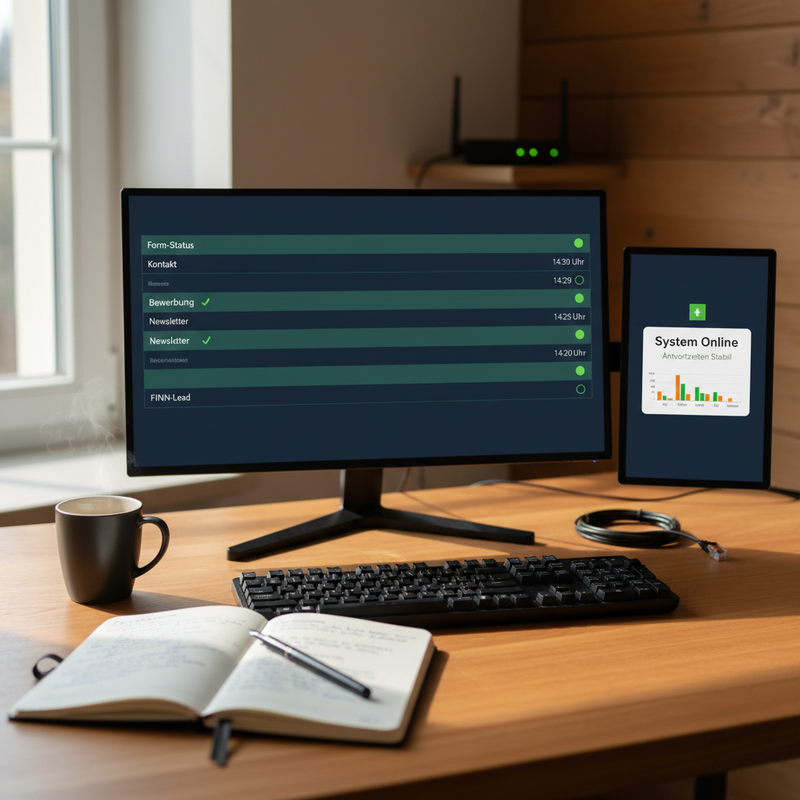 Schreibtisch mit Monitor und Form-Status-Dashboard: Kontaktformular, Bewerbungsformular, Newsletter und Lead-Strecke jeweils mit gruener Status-LED, daneben Tablet mit System-Online-Anzeige, Tastatur, Notizbuch und Kaffeetasse