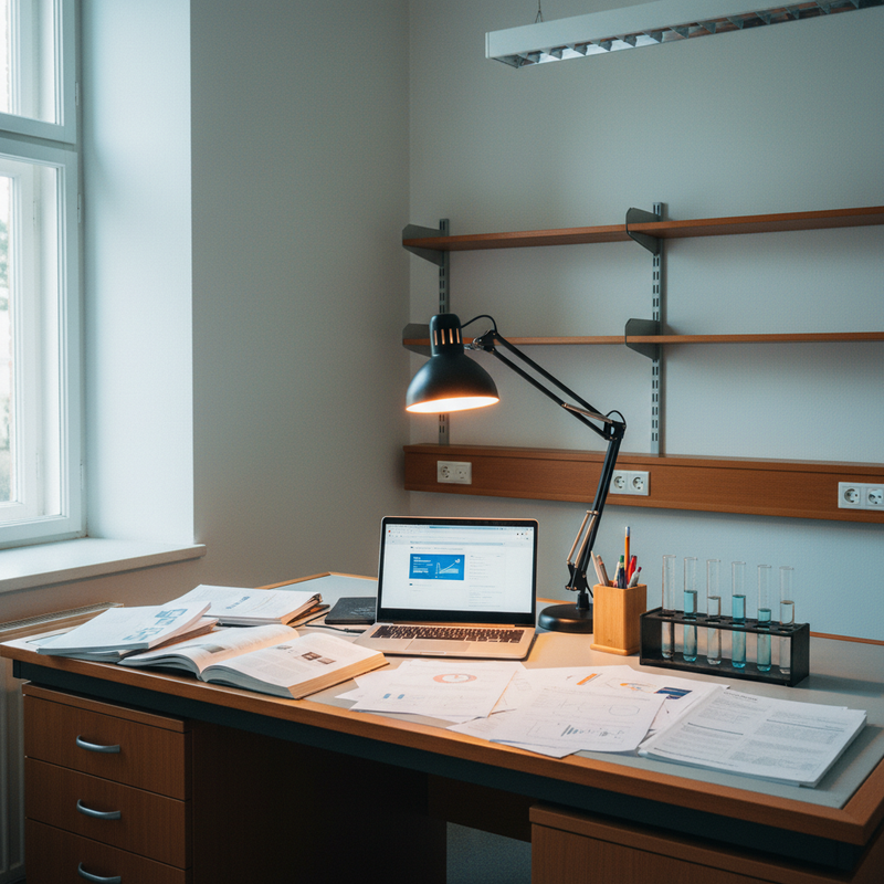 Labor-Schreibtisch mit Papers und Laptop