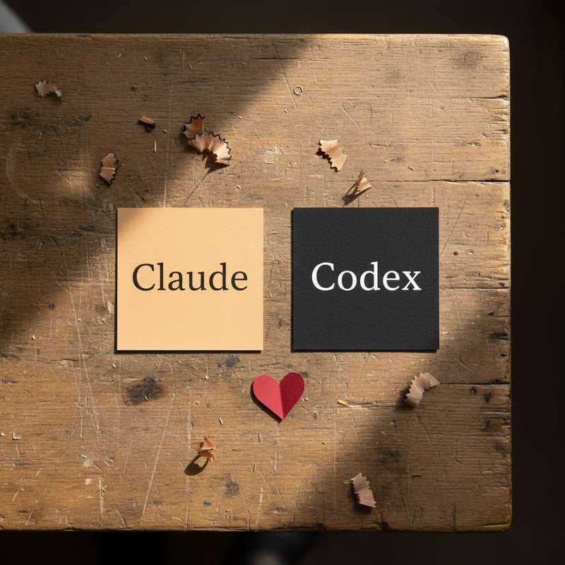 Zwei quadratische Karten auf einer Werkbank, links cremefarben mit Aufschrift Claude, rechts mattschwarz mit Aufschrift Codex, dazwischen ein kleines rotes Papierherz, Tageslicht von schräg oben