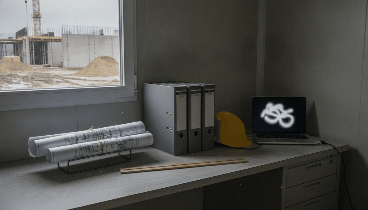 Schreibtisch in einem Baucontainer mit Planrollen, Ordnern für Leistungsverzeichnisse und Laptop