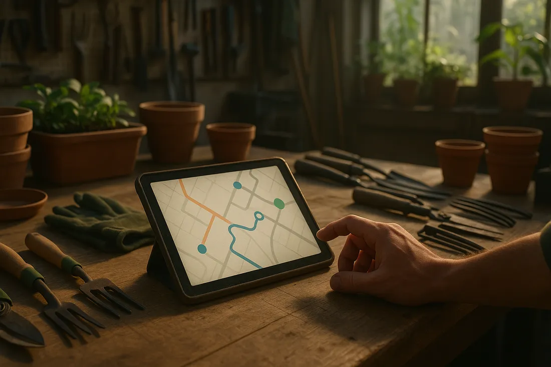 Gärtnerei-Werkstatt mit Tablet auf Werkbank zeigt Routenplan