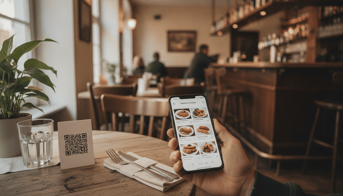 Gast hält ein Smartphone mit digitaler Speisekarte über einen Restauranttisch mit QR-Code-Aufsteller