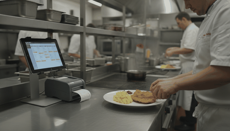Tablet mit Bestellübersicht und Bondrucker am Pass einer Restaurantküche