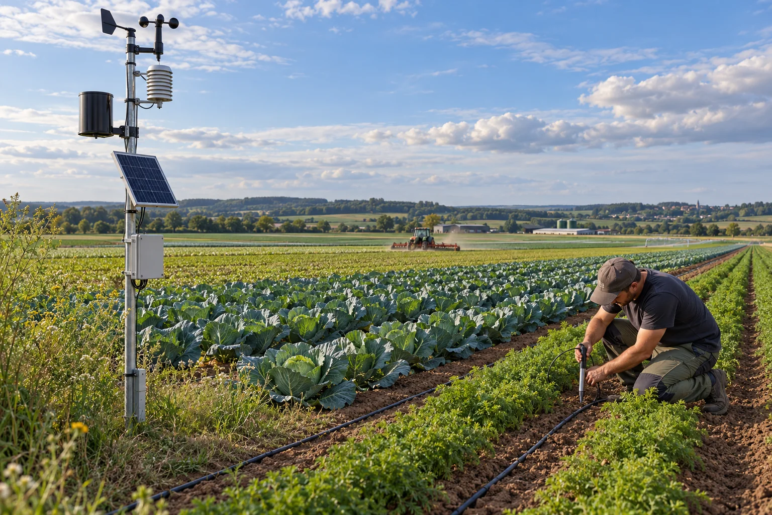 Konzeptmotiv: Wetterstation und Bodensensoren im Gemüsefeld