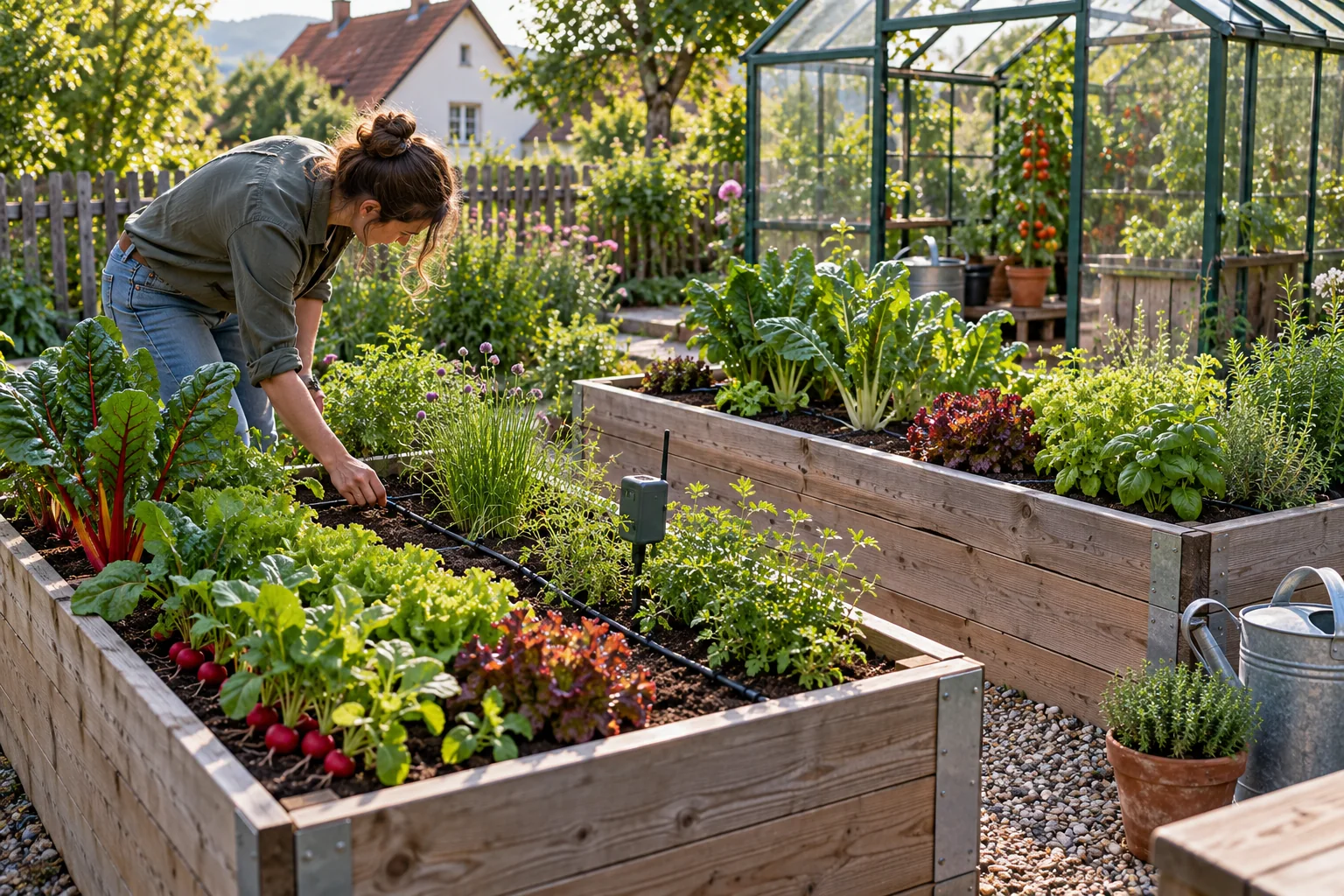 Konzeptmotiv: privater Gemüsegarten mit Hochbeeten und Sensorik