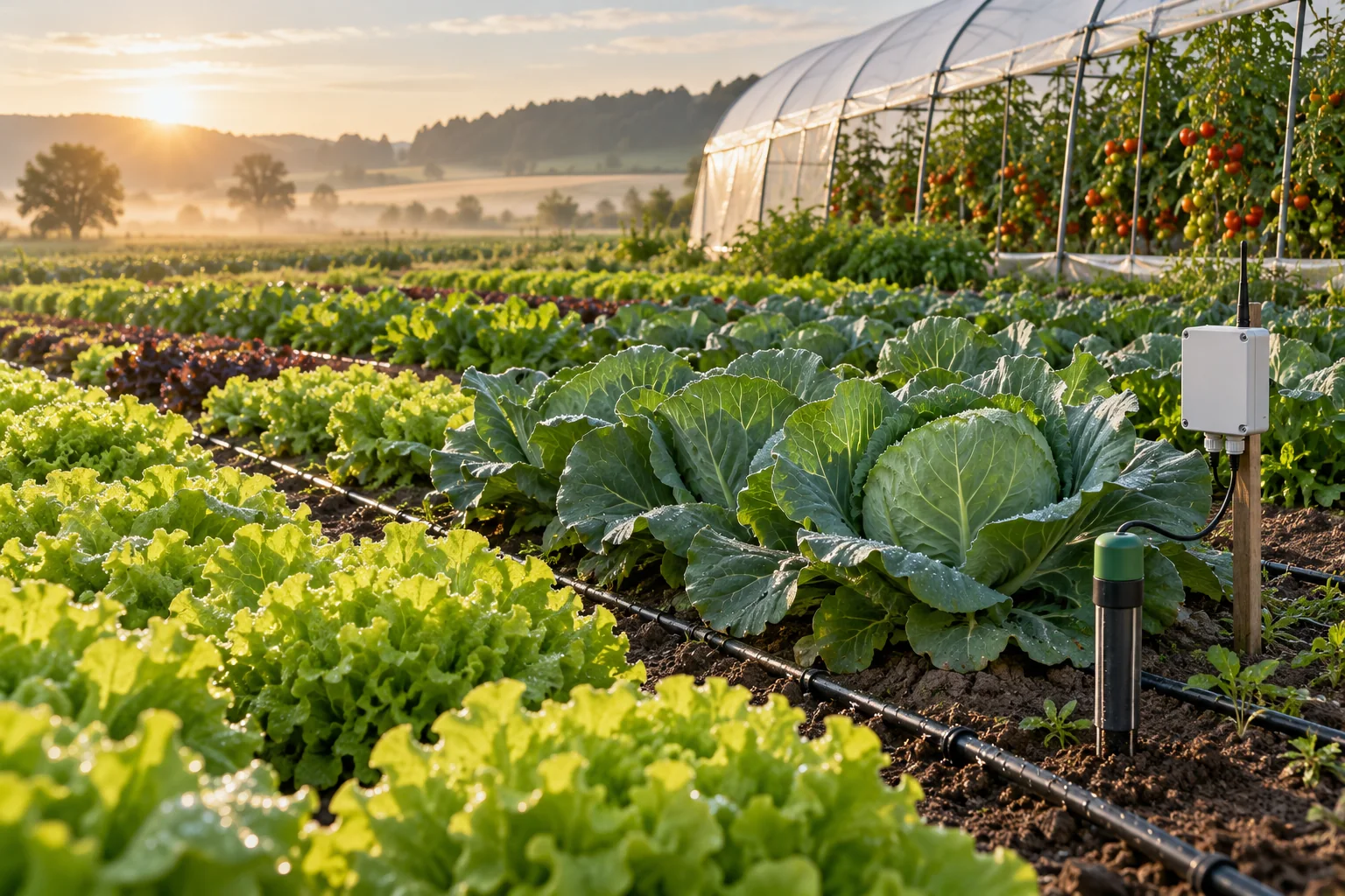 Konzeptmotiv: Gemüsefeld mit Bodensensor, Tropfbewässerung und Tomaten im Folientunnel