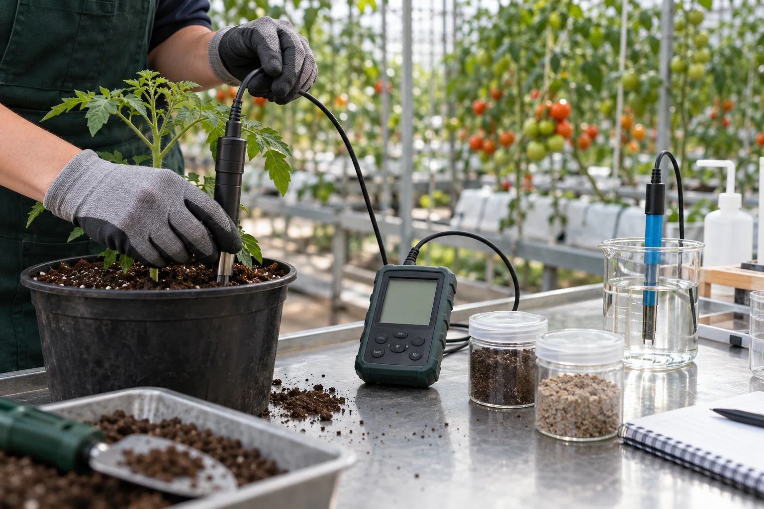 Konzeptmotiv: Prüfung eines Bodensensors an einer Tomatenpflanze