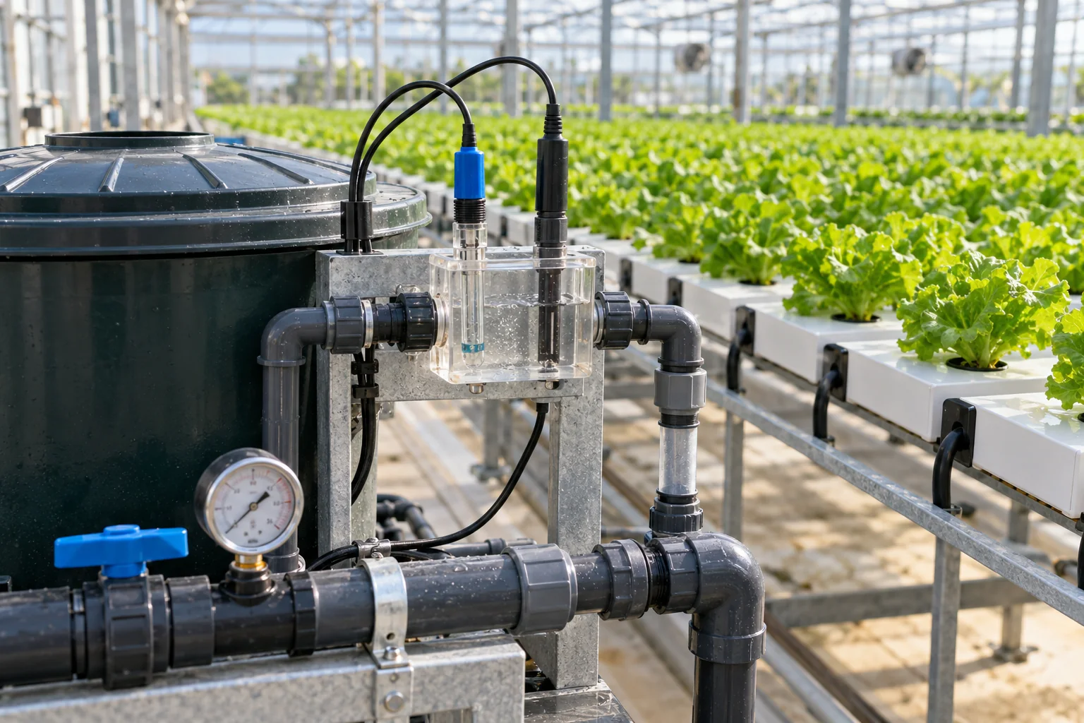 Konzeptmotiv: Messung der Nährlösung im hydroponischen Salatanbau