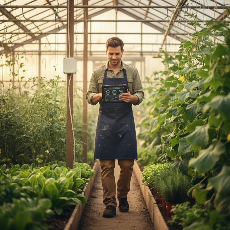Gärtner im Gewächshaus mit Tablet, Sensor-Box an einem Pfosten
