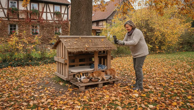Ehrenamtliche fotografiert an einer Futterstelle im Herbstlaub zwei freilebende Katzen