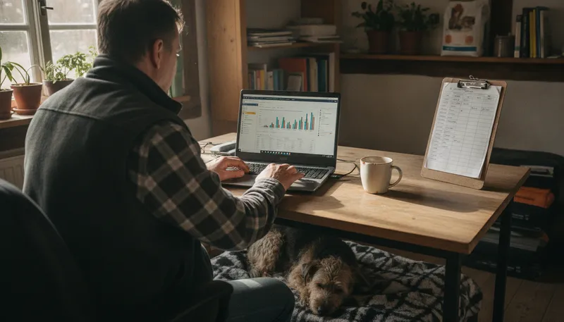 Mann im Büro eines Gnadenhofs prüft am Laptop eine Auswertung, unter dem Schreibtisch schläft ein alter Hund