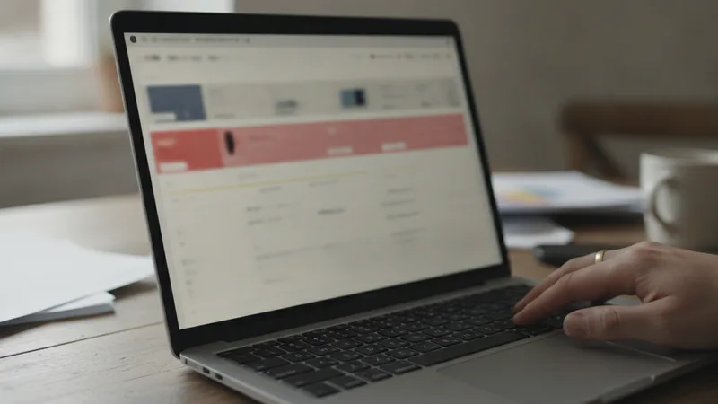 Laptop mit unscharfer Werbeübersicht, eine Zeile rot hinterlegt, eine Hand auf dem Tastfeld