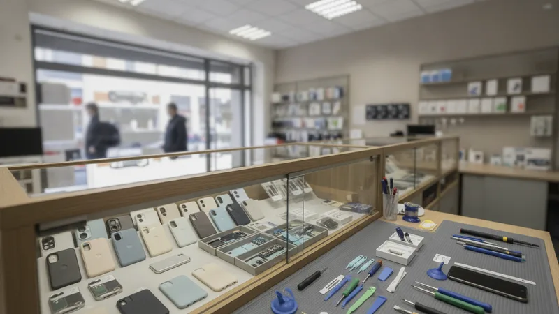 Ladengeschäft mit Glastheke voller Handyhüllen und Ersatzteile, auf einer Matte liegen Reparaturwerkzeuge