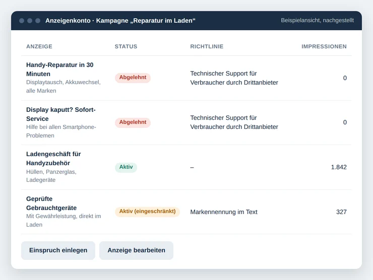 Nachgestellte Anzeigenliste eines Werbekontos, zwei Reparatur-Anzeigen abgelehnt wegen technischem Support für Verbraucher durch Drittanbieter, eine Zubehör-Anzeige aktiv