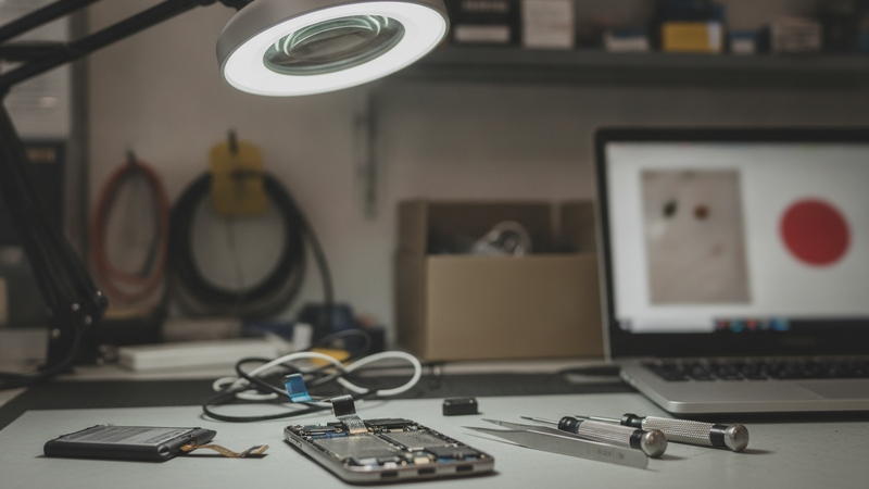 Reparaturplatz mit geöffnetem Smartphone, Feinwerkzeug und Lupenleuchte, daneben ein Laptop mit unscharfer Übersicht und rotem Statussignal