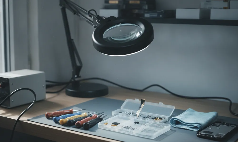 Arbeitstisch eines Handyreparatur-Betriebs mit Werkzeug, Ersatzteilen und einer Lupenlampe
