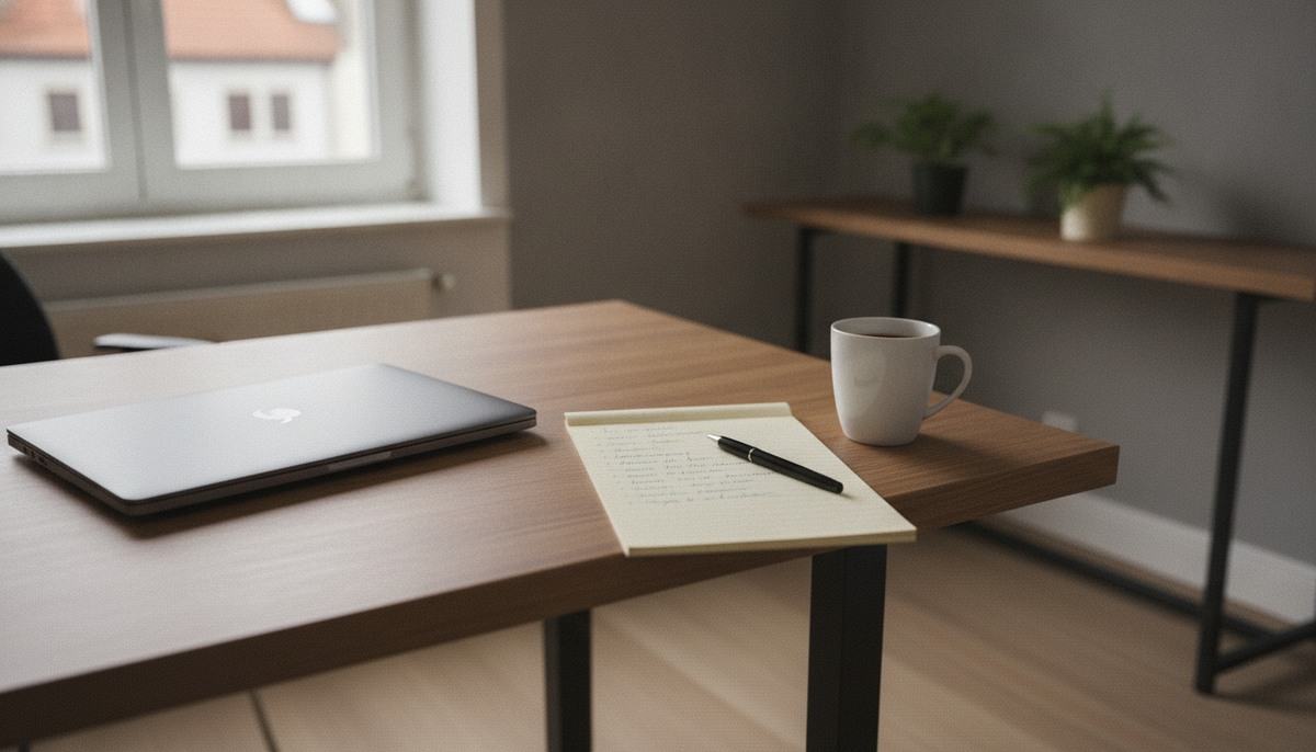 Schreibtisch mit Laptop, Notizblock mit handschriftlicher Liste und einer Tasse Kaffee am Fenster
