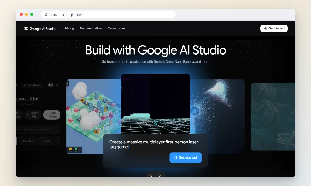 Startseite von Google AI Studio mit Beispiel-Apps und einem Prompt-Feld, das ein Mehrspieler-Spiel beschreibt