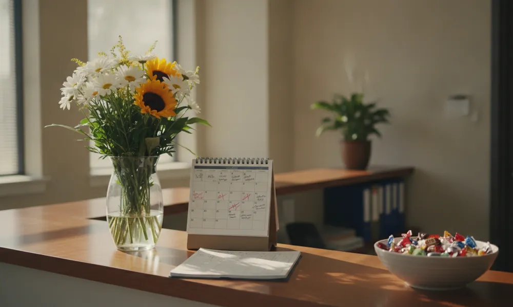 Empfangstresen einer Praxis mit Blumen, Terminkalender und einer Schale mit Bonbons