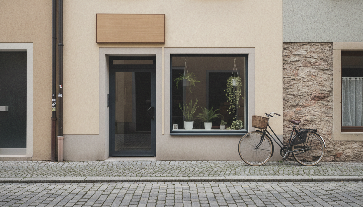 Eingang eines kleinen Ladengeschäfts mit Schild ohne Text, Schaufenster und Straßenansicht bei Tageslicht
