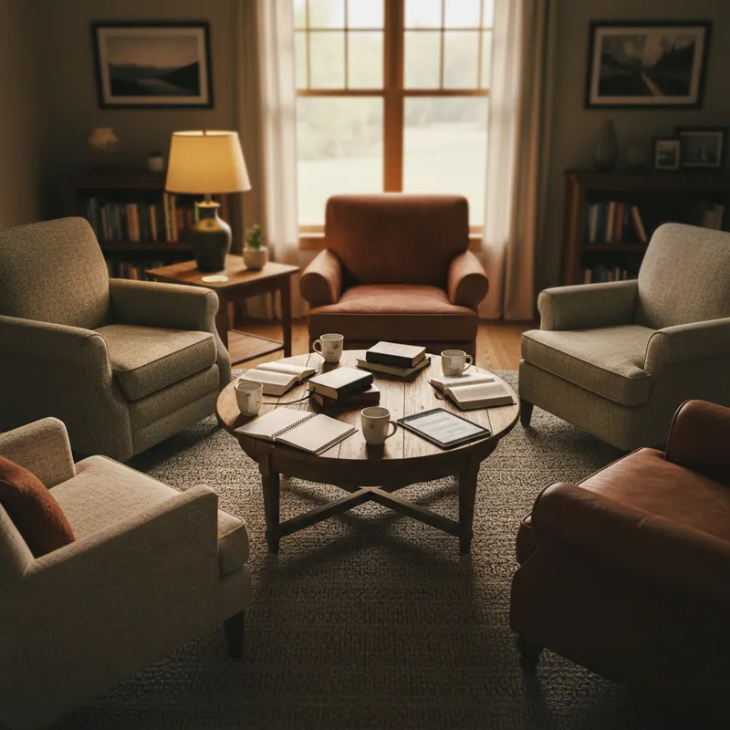 Gem&uuml;tliches Wohnzimmer mit aufgeschlagenen Bibeln, Notizb&uuml;chern, Kaffeetassen und Tablet auf dem Couchtisch, vier St&uuml;hle im Halbkreis