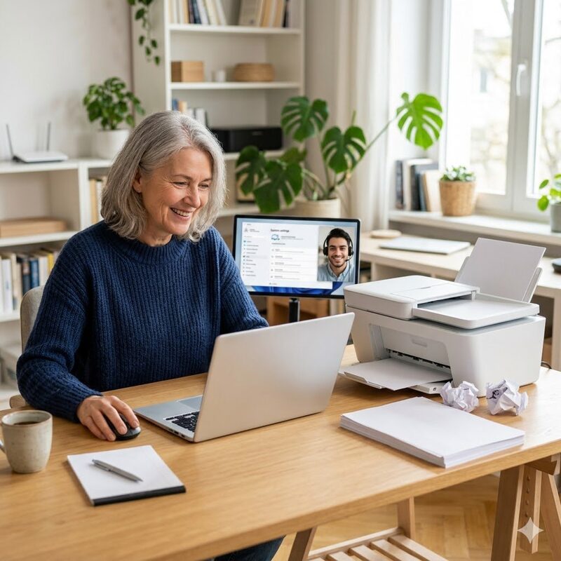 Drucker und Scanner Hilfe – Frau am Laptop mit Drucker
