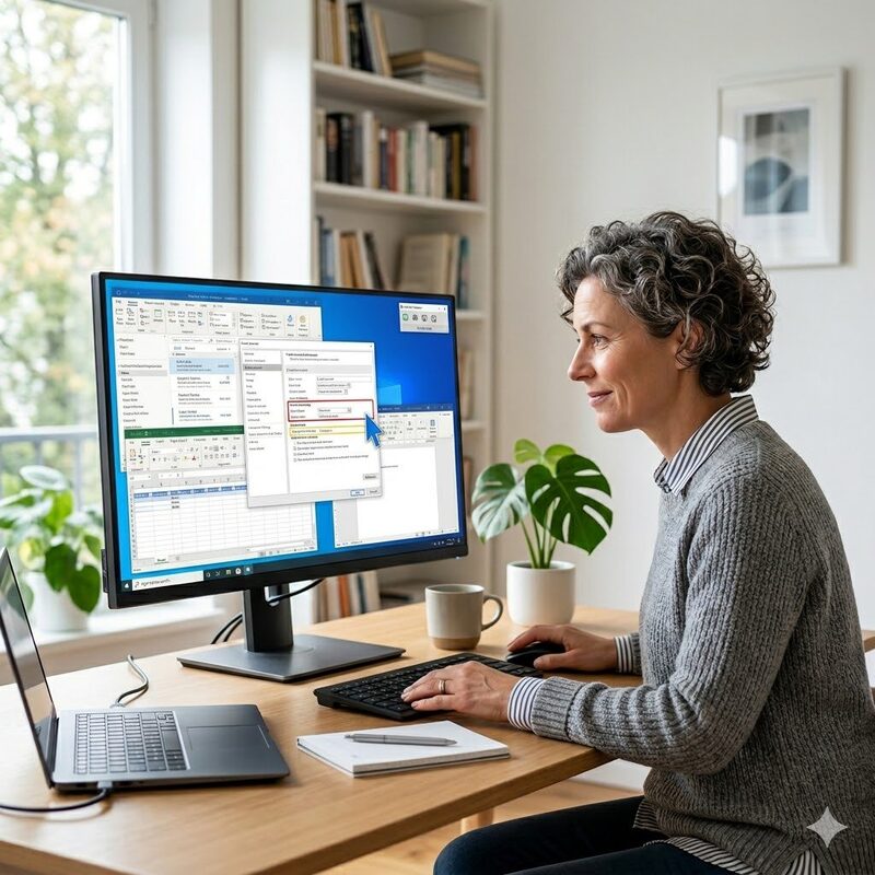 E-Mail und Office Hilfe – Frau arbeitet mit Excel und Outlook