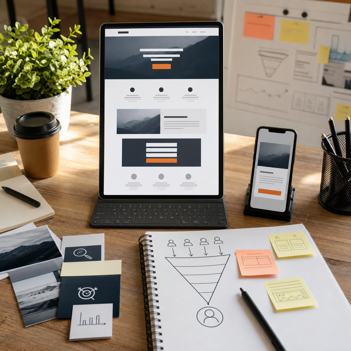 Onepage-Website mit Smartphone-Ansicht, Abschnitten und Anfragebereich