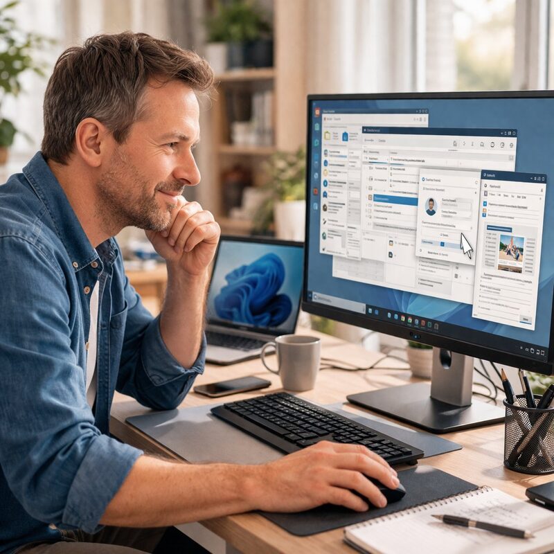 Neuen PC einrichten – Mann am Desktop mit Windows 11