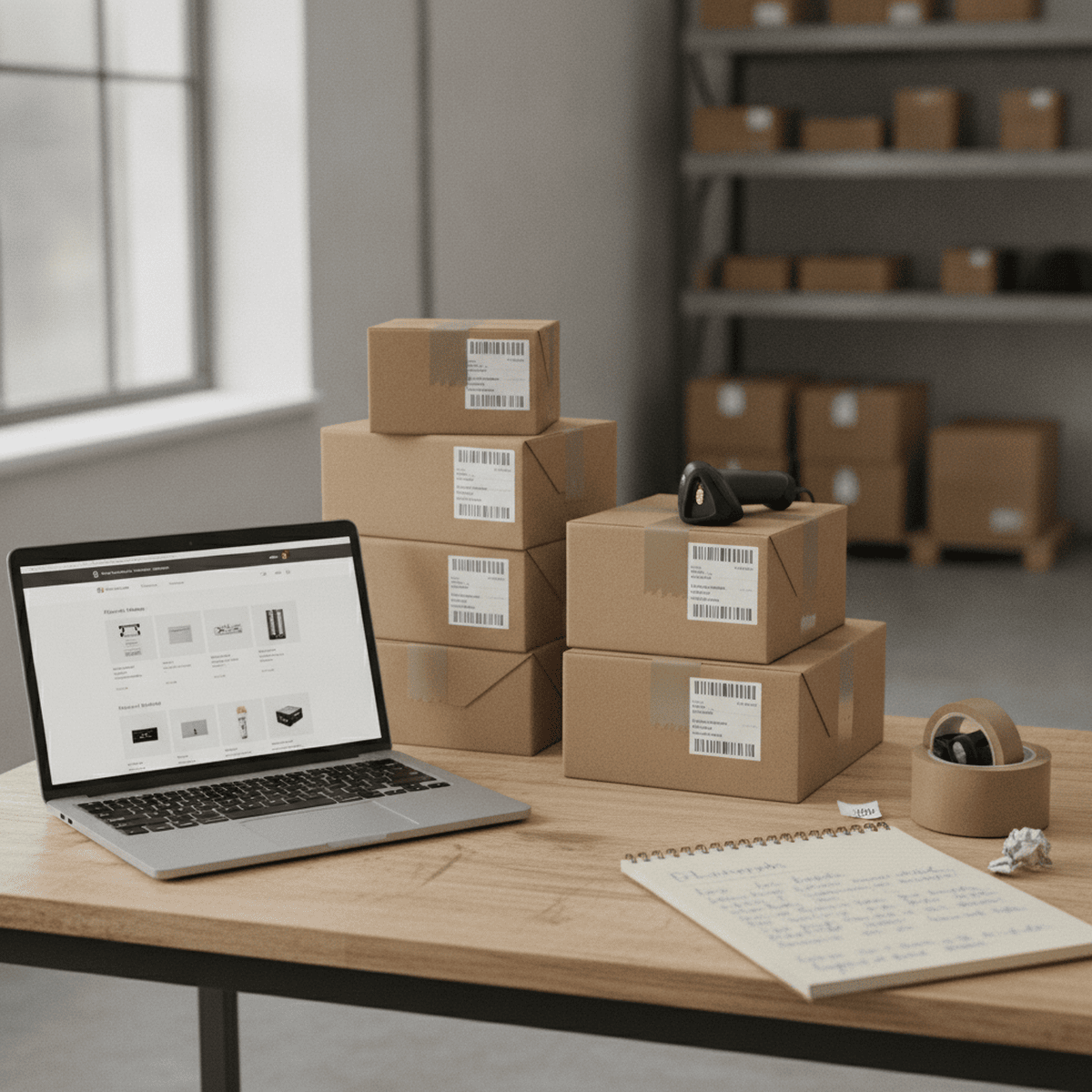 Arbeitsplatz im Versandbüro mit Laptop, Artikelübersicht, gepackten Paketen, Handscanner und Notizblock