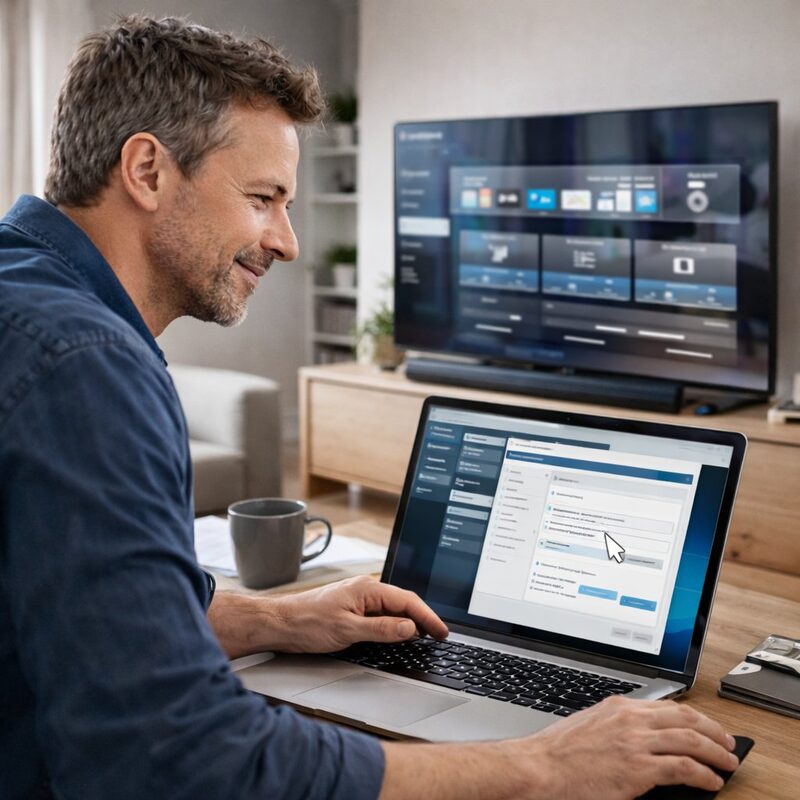 Smart TV und Streaming Hilfe – Mann mit Laptop vor Fernseher